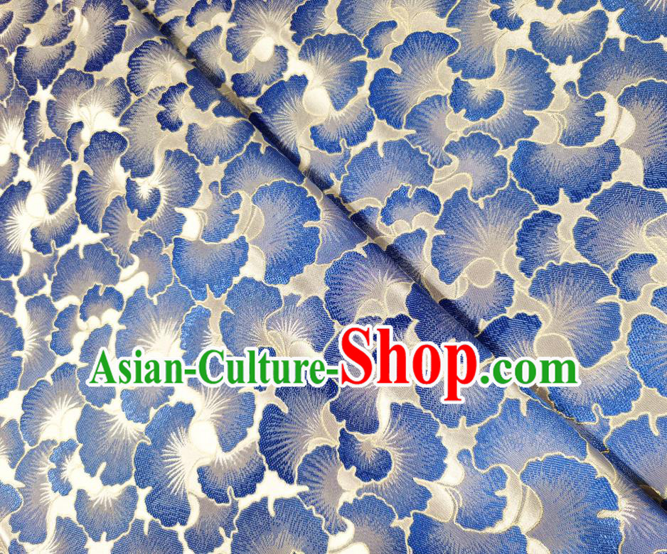Asian Chinese Traditional Blue Ginkgo Leaf Pattern Design White Brocade Fabric Silk Tang Suit Tapestry Material