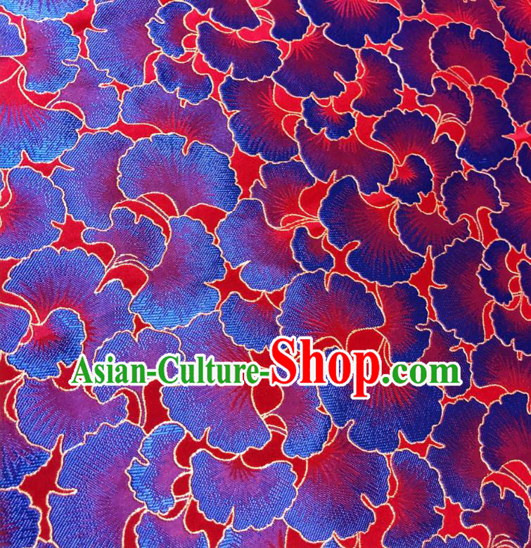 Asian Chinese Traditional Blue Ginkgo Leaf Pattern Design Red Brocade Fabric Silk Tang Suit Tapestry Material