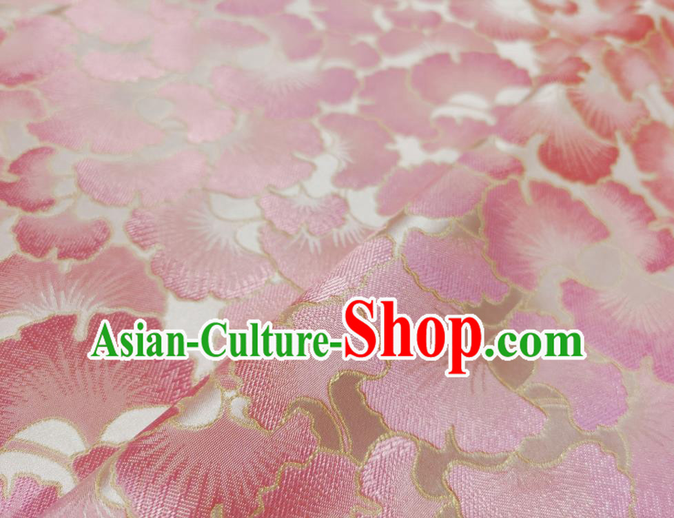 Asian Chinese Traditional Pink Ginkgo Leaf Pattern Design White Brocade Fabric Silk Tang Suit Tapestry Material