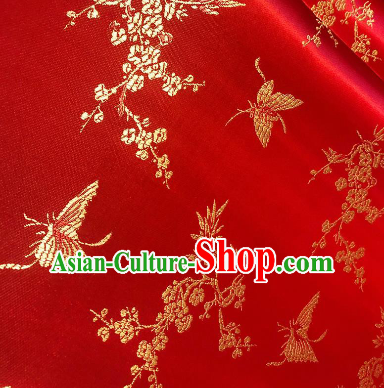 Asian Chinese Traditional Butterfly Plum Pattern Design Red Brocade Fabric Tapestry Cheongsam Silk Material