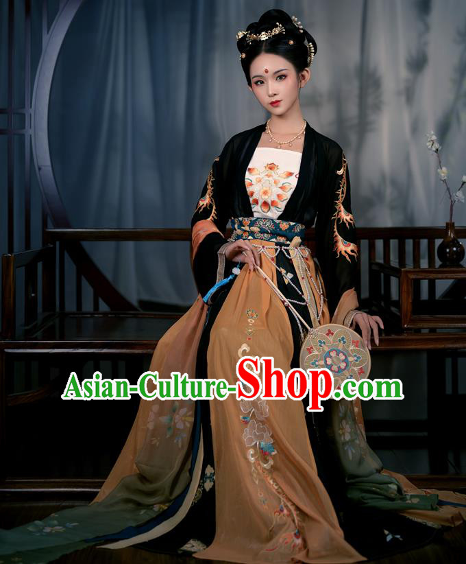 Chinese Ancient Court Maid Costumes Tang Dynasty Palace Lady Hanfu Garment Black Blouse Camisole and Embroidered Skirt Complete Set