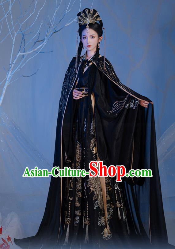 Chinese Ancient Goddess Black Costumes Jin Dynasty Palace Princess Hanfu Garment Embroidered Cape Blouse and Skirt Complete Set