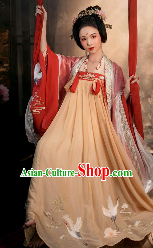 Chinese Ancient Tang Dynasty Noble Concubine Hanfu Garment Embroidered Cloak Blouse and Dress Historical Costumes Full Set