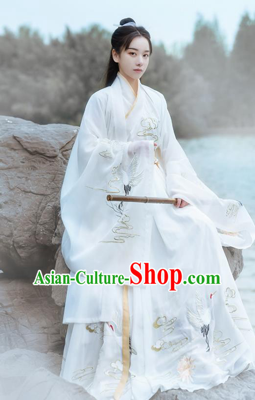 Chinese Ancient Jin Dynasty Noble Childe Hanfu Garment Swordsman Embroidered White Cloak Blouse and Skirt Historical Costumes for Men