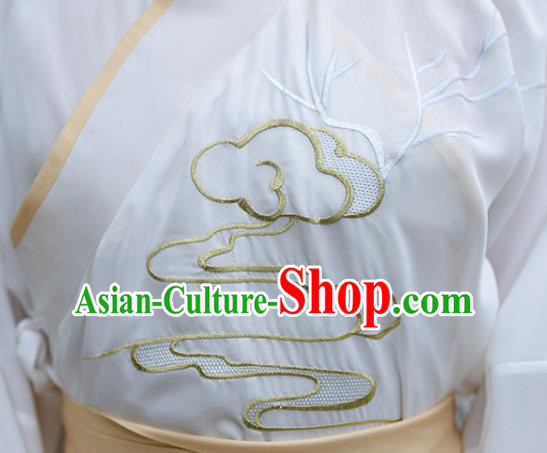 Chinese Ancient Jin Dynasty Noble Childe Hanfu Garment Swordsman Embroidered White Cloak Blouse and Skirt Historical Costumes for Men