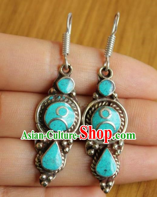 Chinese Traditional Tibetan Nationality Kallaite Ear Accessories Handmade Decoration Zang Ethnic Folk Dance Earrings Headwear for Women