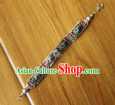 Chinese Traditional Tibetan Nationality Red Crystal Bracelet Jewelry Accessories Decoration Zang Ethnic Handmade Silver Carving Bangle for Women