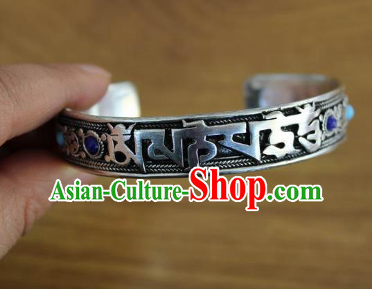 Chinese Traditional Tibetan Nationality Colorful Gems Bracelet Jewelry Accessories Decoration Zang Ethnic Handmade Silver Carving Bangle for Women