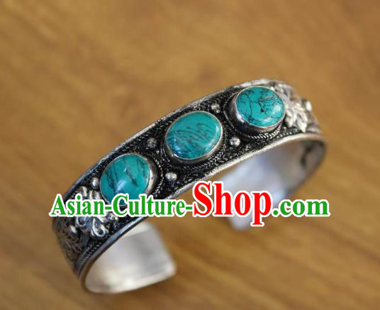 Chinese Traditional Tibetan Nationality Green Stone Bracelet Jewelry Accessories Decoration Zang Ethnic Handmade Silver Carving Bangle for Women