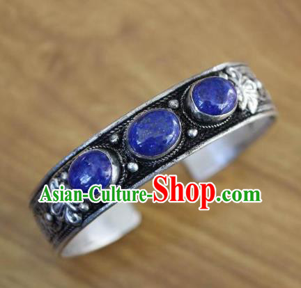 Chinese Traditional Tibetan Nationality Blue Stone Bracelet Jewelry Accessories Decoration Zang Ethnic Handmade Silver Carving Bangle for Women