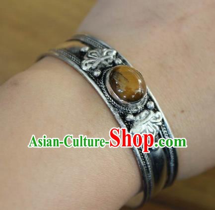Chinese Traditional Tibetan Nationality Brown Kallaite Bracelet Jewelry Accessories Decoration Handmade Zang Ethnic Silver Carving Bangle for Women