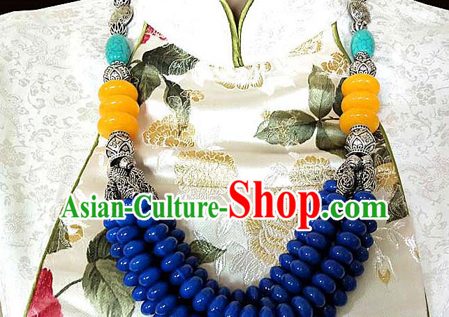 Chinese Traditional Zang Nationality Folk Dance Necklet Decoration Tibetan Ethnic Handmade Blue Beads Necklace Jewelry Accessories for Women