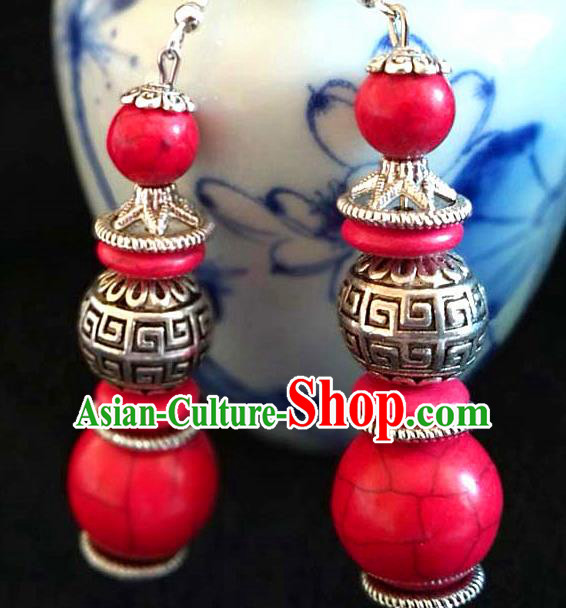 Chinese Traditional Zang Ethnic Red Beads Earrings Tibetan Nationality Ear Accessories Handmade Eardrop Decoration for Women