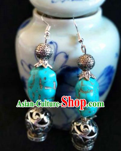 Chinese Traditional Zang Ethnic Silver Earrings Tibetan Nationality Ear Accessories Handmade Blue Stone Eardrop Decoration for Women