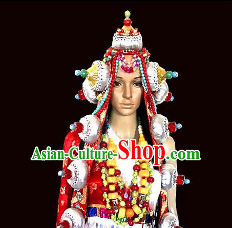 Chinese Traditional Tibetan Nationality Folk Dance Hair Accessories Decoration Handmade Zang Ethnic Bride Wedding Headwear for Women