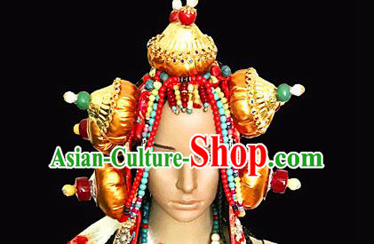 Chinese Traditional Tibetan Nationality Folk Dance Golden Hair Accessories Decoration Handmade Zang Ethnic Bride Wedding Headwear for Women