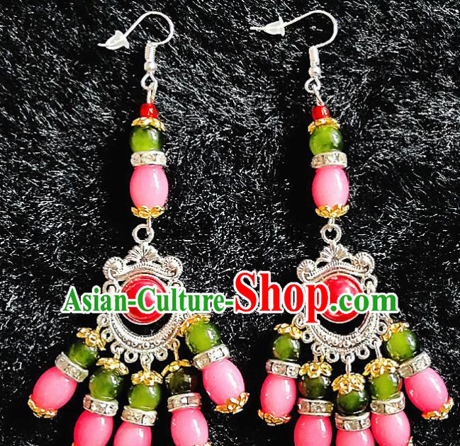 Chinese Traditional Zang Ethnic Pink Beads Earrings Bohemian Ear Accessories Handmade Eardrop Decoration for Women