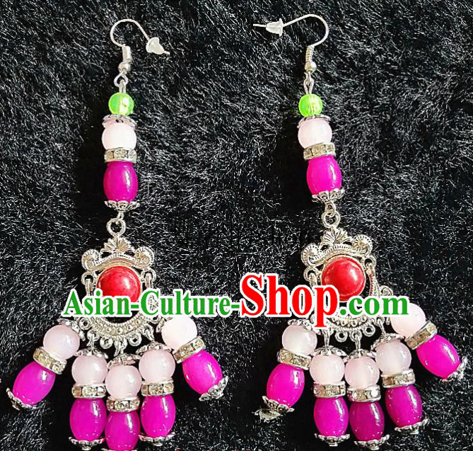 Chinese Traditional Zang Ethnic Rosy Beads Earrings Bohemian Ear Accessories Handmade Eardrop Decoration for Women