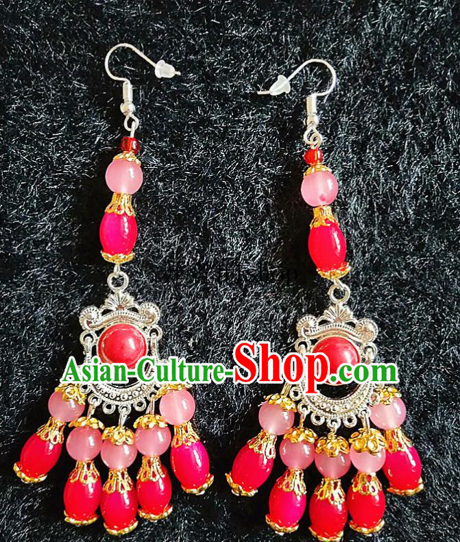 Chinese Traditional Zang Ethnic Red Beads Earrings Bohemian Ear Accessories Handmade Eardrop Decoration for Women