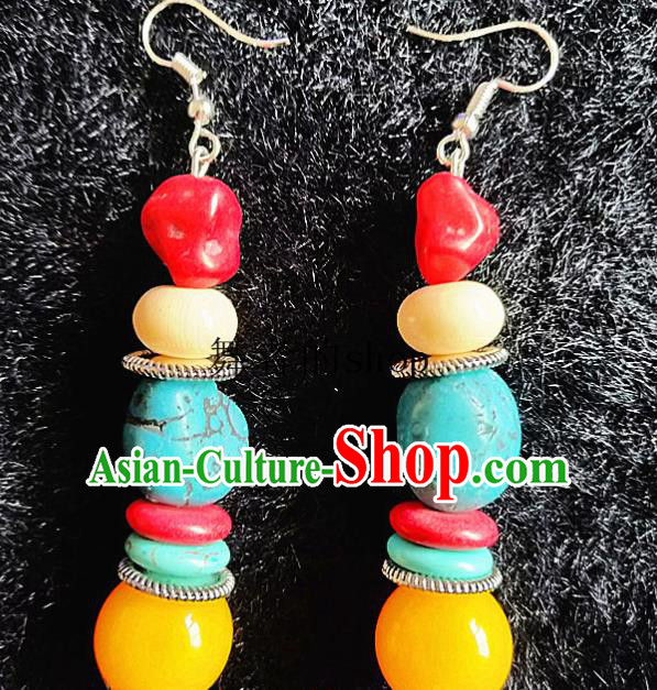 Chinese Traditional Zang Ethnic Earrings Bohemian Ear Accessories Handmade Stone Eardrop Decoration for Women