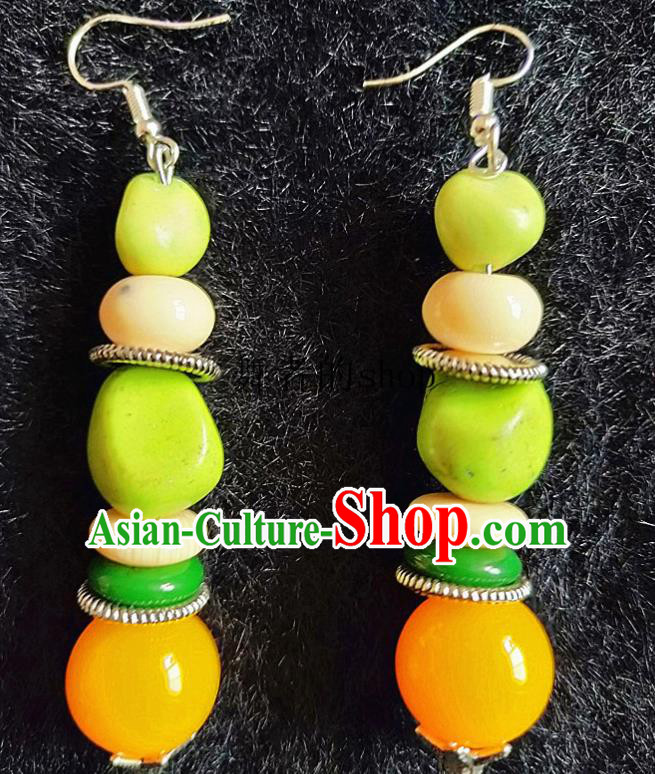 Chinese Traditional Zang Ethnic Earrings Bohemian Ear Accessories Handmade Green Stone Eardrop Decoration for Women