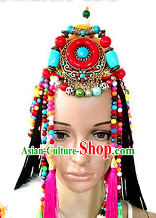 Chinese Traditional Tibetan Nationality Folk Dance Beads Hair Accessories Decoration Handmade Zang Ethnic Bride Wedding Tassel Headwear for Women