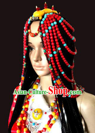 Chinese Traditional Tibetan Nationality Red Beads Hair Accessories Decoration Handmade Zang Ethnic Folk Dance Tassel Headwear for Women