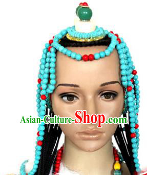 Chinese Traditional Tibetan Nationality Light Blue Beads Hair Accessories Decoration Handmade Zang Ethnic Folk Dance Tassel Headwear for Women