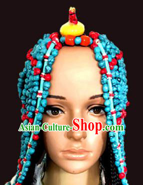 Chinese Traditional Tibetan Nationality Blue Beads Hair Accessories Decoration Handmade Zang Ethnic Folk Dance Tassel Headwear for Women