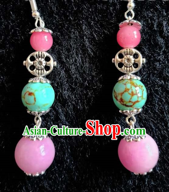 Chinese Traditional Zang Ethnic Pink Bead Earrings Ear Accessories Handmade Tibetan Nationality Eardrop Decoration for Women