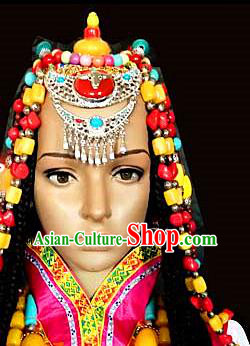 Chinese Traditional Tibetan Nationality Stage Show Hair Accessories Decoration Handmade Zang Ethnic Folk Dance Headdress for Women
