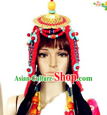 Chinese Traditional Tibetan Nationality Folk Dance Red Sennit Hair Accessories Decoration Handmade Zang Ethnic Stage Show Headdress for Women