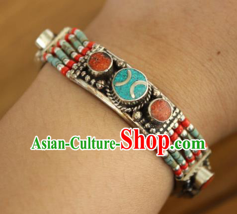 Chinese Traditional Tibetan Nationality Court Bracelet Jewelry Accessories Decoration Zang Ethnic Handmade Silver Bangle for Women