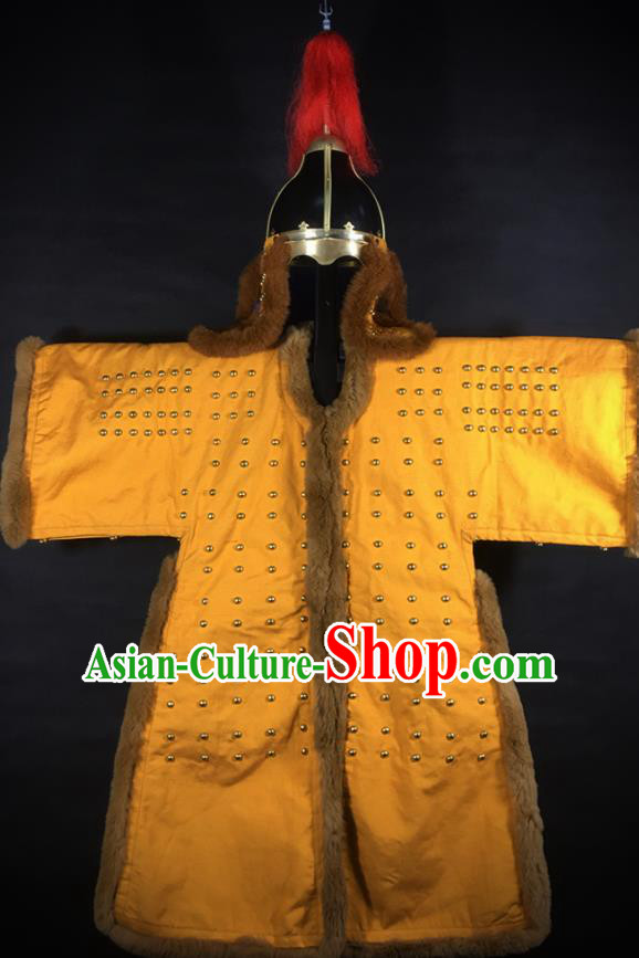 Traditional Korean Ming Dynasty General Yellow Body Armor and Helmet Ancient Warrior Costumes for Men