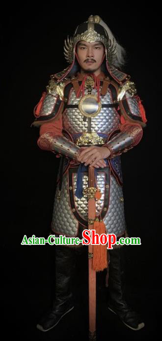 Traditional Chinese Han Dynasty General Argent Body Armor Ancient Warrior Military Officer Costumes and Helmet for Men