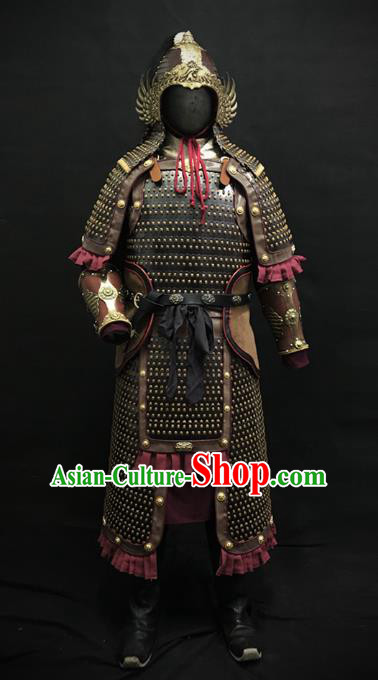 Traditional Chinese Song Dynasty General Iron Leather Body Armor Ancient Warrior Military Officer Costumes and Helmet for Men