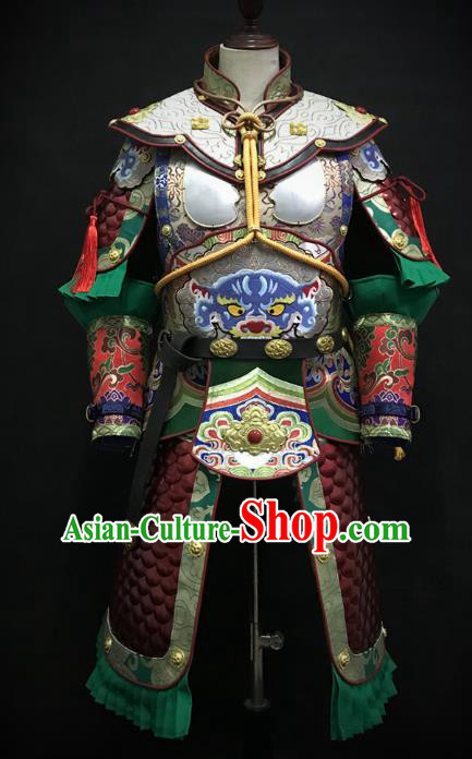 Traditional Chinese Tang Dynasty General Iron Leather Body Armor Ancient Warrior Military Officer Costumes and Helmet Full Set