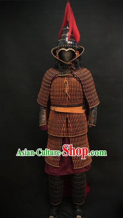 Traditional Chinese Jin Dynasty General Body Armor Ancient Military Officer Cavalry Costumes and Helmet Full Set