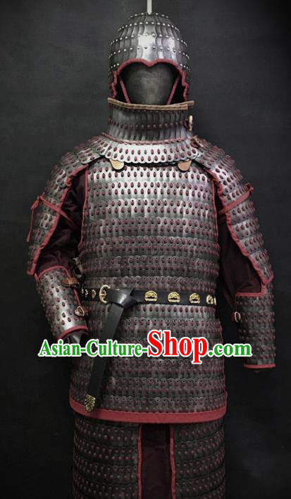 Traditional Chinese Eastern Jin Dynasty General Body Armor Ancient Military Officer Cavalry Costumes and Helmet Full Set