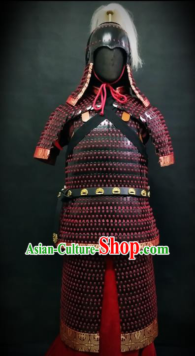 Traditional Chinese Tang Dynasty General Body Armor Ancient Cavalry Warrior Costumes and Helmet Full Set