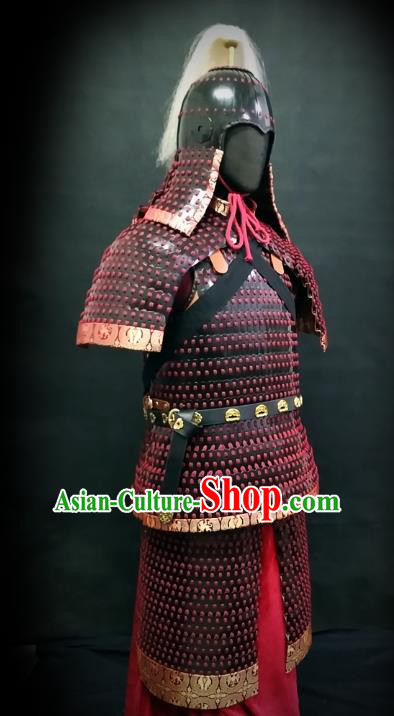 Traditional Chinese Tang Dynasty General Body Armor Ancient Cavalry Warrior Costumes and Helmet Full Set