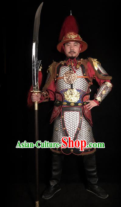 Traditional Chinese Song Dynasty General Argent Body Armor Ancient Cavalry Warrior Costumes and Helmet Full Set