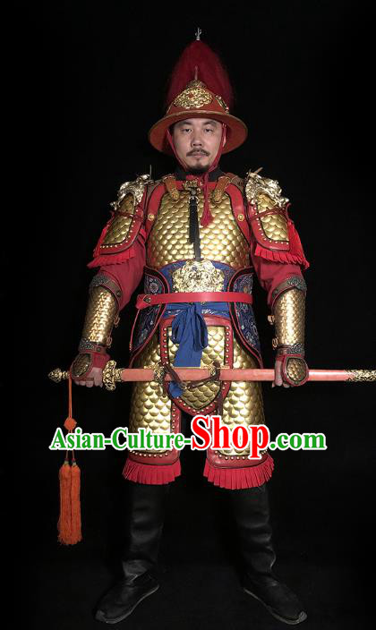 Traditional Chinese Tang Dynasty General Golden Body Armor Ancient Cavalry Warrior Iron Costumes and Helmet Full Set