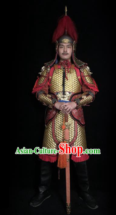 Traditional Chinese Tang Dynasty Military Officer Golden Body Armor Ancient Cavalry Warrior General Iron Costumes and Helmet Full Set