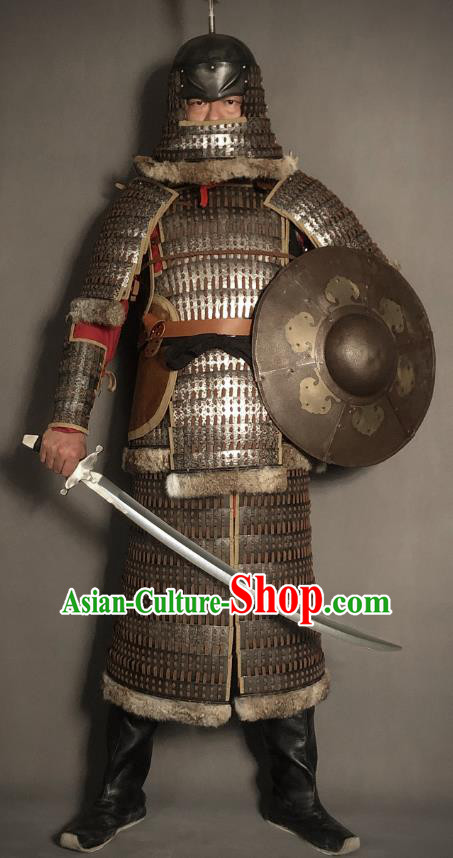 Traditional Chinese Song Dynasty Jin State Military Officer Body Armor Ancient Cavalry Warrior General Iron Costumes and Helmet Full Set