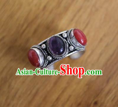 Chinese Traditional Tibetan Nationality Purple Crystal Ring Accessories Handmade Decoration Zang Ethnic Folk Dance Silver Finger Circlet for Women