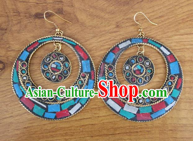 Chinese Traditional Tibetan Nationality Folk Dance Ear Accessories Handmade Eardrop Decoration Zang Ethnic Silver Earrings for Women