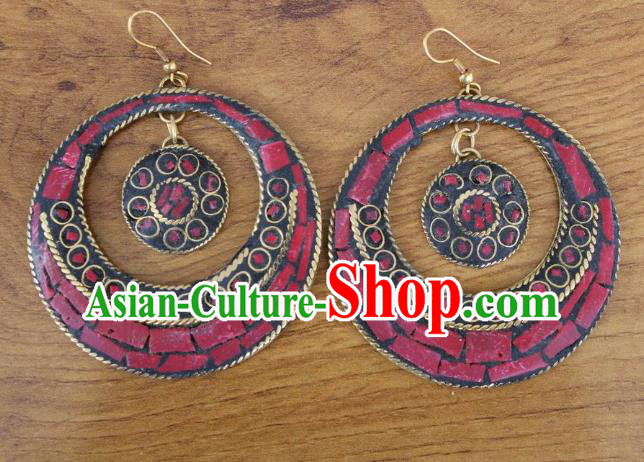 Chinese Traditional Tibetan Nationality Folk Dance Red Ear Accessories Handmade Eardrop Decoration Zang Ethnic Silver Earrings for Women