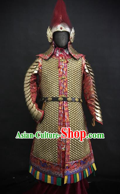 Traditional Chinese Ming Dynasty Imperial Guard Body Armor Outfits Ancient Infantry General Iron Costumes and Helmet Full Set