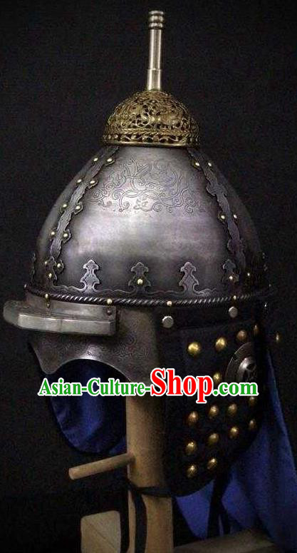 Traditional Chinese Ming Dynasty Imperial Guard Iron Armet Hat Headpiece Ancient General Black Cloth Helmet for Men